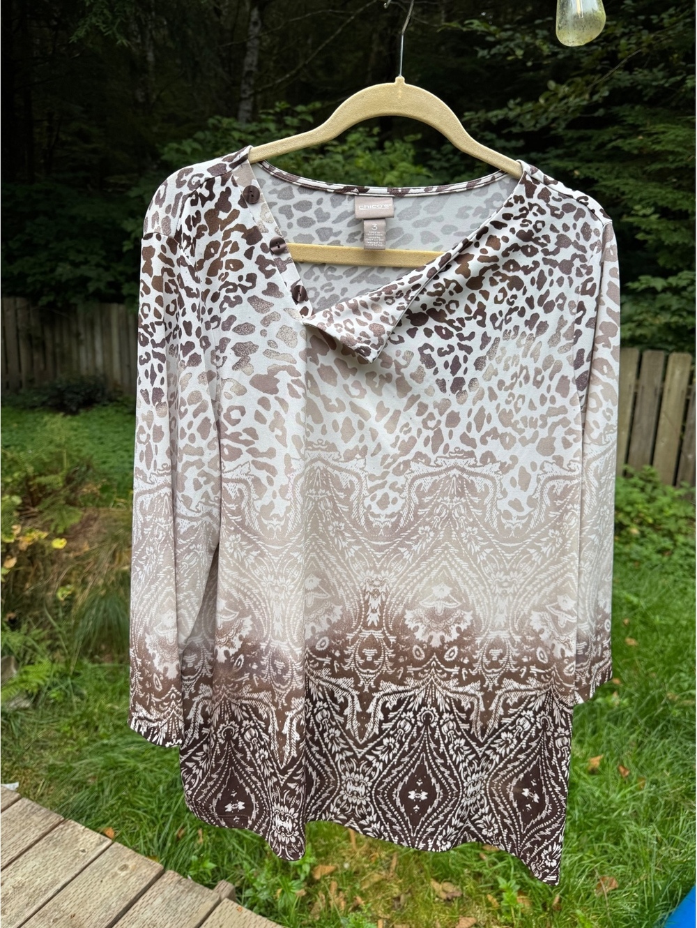Chico's Women's Size 3 Brown and Cream Animal Print Blouse